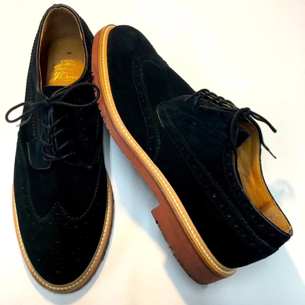 J Crew Kenton Suede Wing Tips Oxford Shoes Men's 10 Black Classic Academia